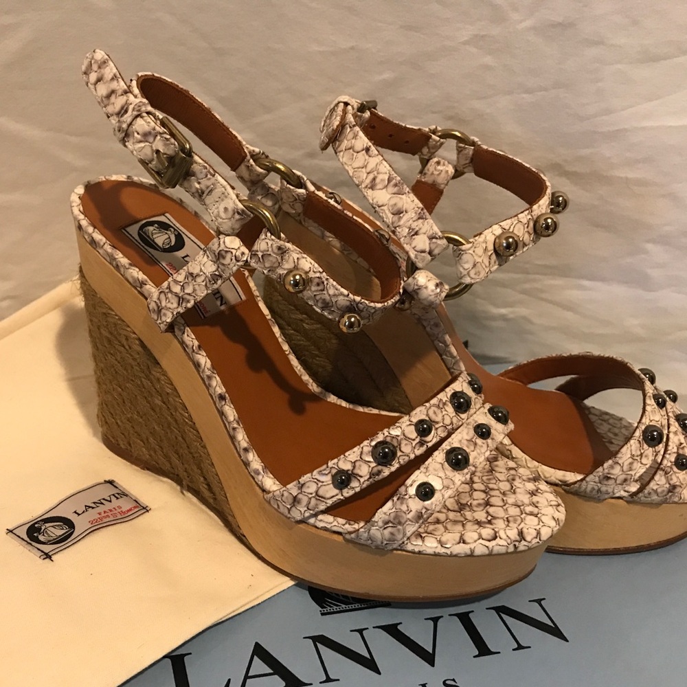 Lanvin Beige Snake-Print Espadrille Wedge Sandals with Black Studs